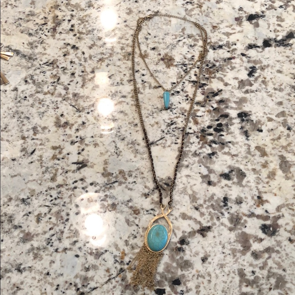 Turquoise, gold, and brown double necklace